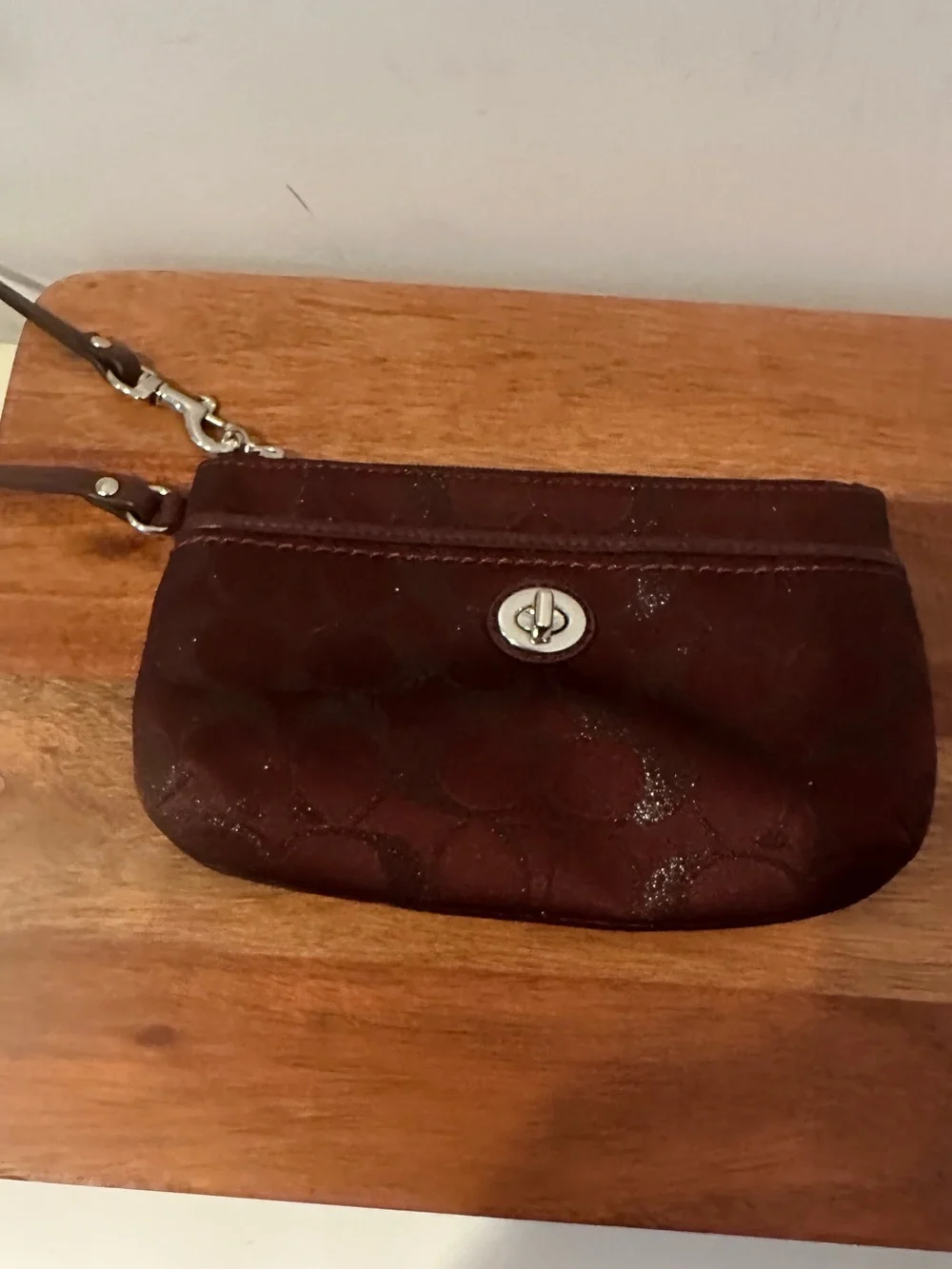 Coach Burgundy Metallic Sateen Turnlock Wristlet/Clutch Shimmer Jacquard Fabric